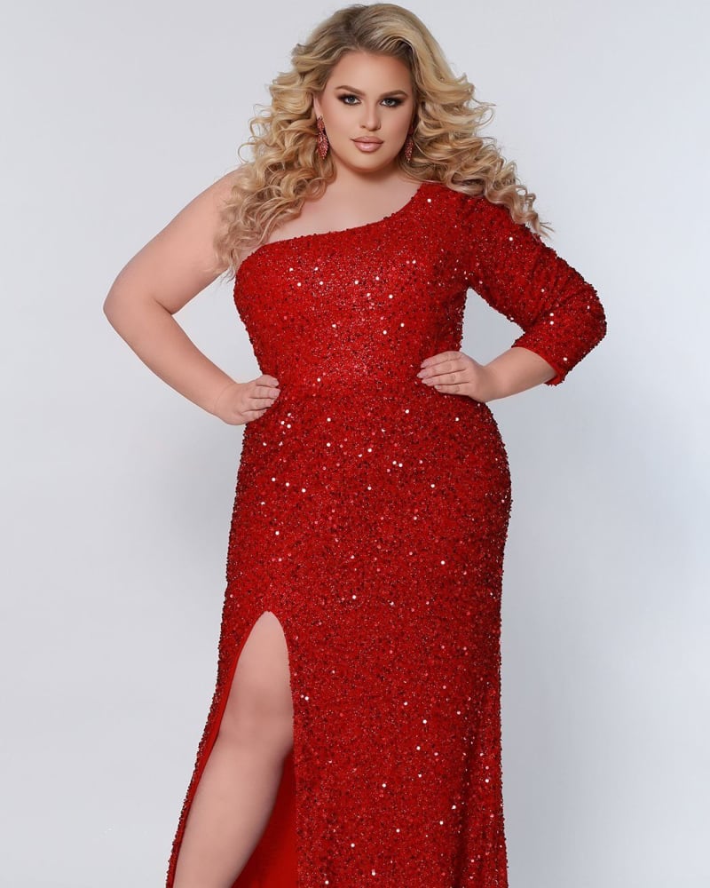 Front of a model wearing a size 20 Flawless Formal Dress in Ruby by Sydney's Closet. | dia_product_style_image_id:250646
